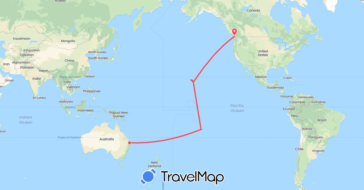TravelMap itinerary: driving, hiking in Australia, Canada, France, United States (Europe, North America, Oceania)